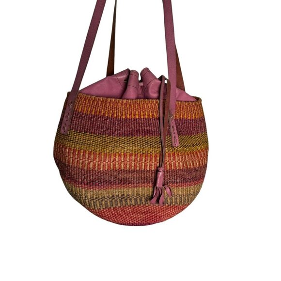 Vintage Woven Sisal Market Basket Tote Bag Leather Drawstring Closure Raffia - Picture 3 of 16